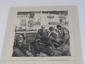 JOHN COPLEY, signed monochrome lithograph "Workers Resting", third state print, 42cm x 39cm