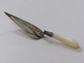 SILVER BOOKMARK in the form of a trowel, with silver blade and mother of pearl handle, Birmingham