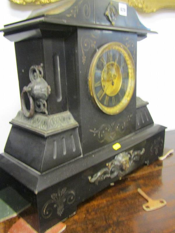 VICTORIAN BLACK MARBLE MANTEL CLOCK, open brocot escapement (one mask detail missing) 44cm height - Image 4 of 9