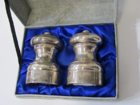 SILVER PEPPERS IN BOX, pair of 10cm high silver salt and pepper pots in fitted retail box, maker