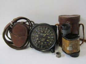 MILITARY, leather cased monocular, 8 x 26; also military compass case and aeroplane altimeter