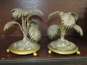 ANTIQUE METALWARE, pair of palm tree circular base mantel piece ornaments, 13cm height