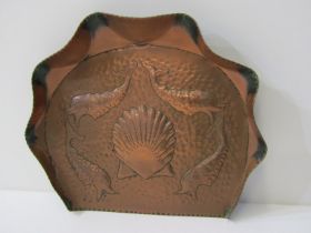 HAYLE STYLE COPPER, crumb scoop decorated with scallop shells and 4 leaping fish, 26cm width