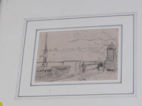 FRENCH SCHOOL, indistinctly signed pencil sketch, "The Paris Embankment", 11cm x 16cm