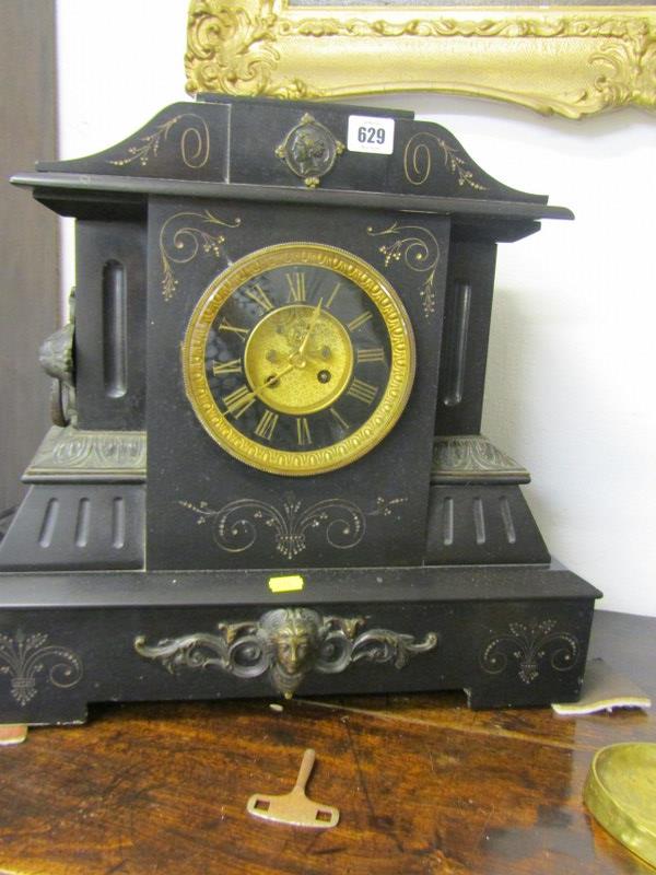 VICTORIAN BLACK MARBLE MANTEL CLOCK, open brocot escapement (one mask detail missing) 44cm height