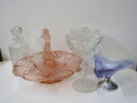 ART DECO, pink glass figure support flower bowl, retro glass dish and 3 other pieces of glassware