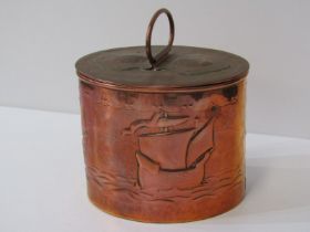 NEWLYN COPPER, oval lidded tea caddy decorated with galleons and scallop shells, stamped "Newlyn",