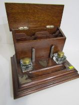 EDWARDIAN OAK STATIONERY BOX, combined stand dish with plated mount and original glass ink