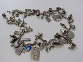 CHARM NECKLACE, unusual silver charm necklace, 27" length, set of over 40 assorted charms, 191 grams