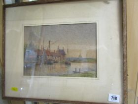R.A. YATES signed watercolour, "Harbour Scene at Dusk", 17cm x 25cm