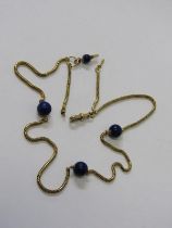 LAPIS LAZULI AND GOLD WATCH CHAIN/NECKLACE, 22'' yellow gold necklace (tests as 18ct) set with 3