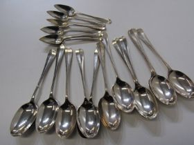 SILVER SPOONS, set of 12 silver rat tail dessert spoons, maker R & B Sheffield, 1934, together