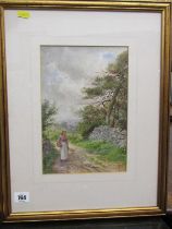 EDWARDIAN WATERCOLOUR, signed C.J.S. dated 1907, "Lady with basket on rural path", 27cm x 18cm