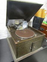 VINTAGE TABLE TOP GRAMOPHONE, HMV model no. 103, chrome interior, oak cabinet gramophone with