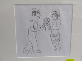 FRED YATES, pencil sketch of a sailor presenting a bouquet of flowers to a lady, 14cm x 14cm