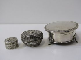 SILVER RING BOX & EASTERN SILVER PILL BOXES, circular silver ring box on 3 raised feet, 8.5cm