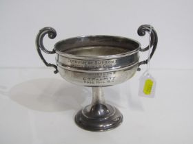 SILVER TROPHY CUP, "The Borough of Sutton and Cheam Bowls Cup 1935", stemmed twin handled trophy