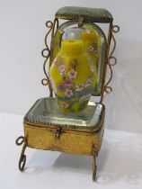 CHINESE PEKING GLASS, yellow hexagonal snuff bottle base, decorated with prunus blossom, 6cm height,