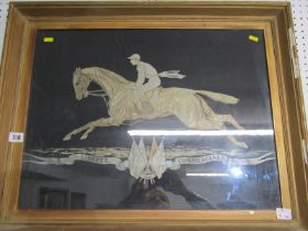 EQUESTRIAN, antiquarian silk panel, of Horse and Jockey, dedicated to C J Bonnet of Lyon, 45cm x