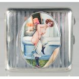 A GEORGE V ENGINE TURNED SILVER CIGARETTE CASE, with an oval enamel of a nude. Birmingham, 1919.