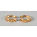 A PAIR OF 9ct.GOLD SQUARE CUT CITRINE HOOP EARRINGS.