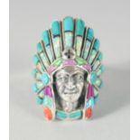 A SILVER AND OPAL AND CORAL SET NATIVE AMERICAN RING.