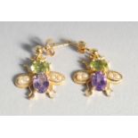 A PAIR OF SILVER 18ct. GOLD PLATED PERIDOT, AMETHYST, AND PEARL BEE EARRINGS.