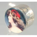 A CIRCULAR SILVER BOX AND COVER, enamel of a young lady, 4 cm.