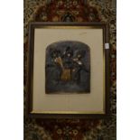 A relief cast bronze plaque of three dancing girls, framed.