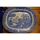 A pair of large blue and white willow pattern dishes.