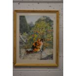 Leslie Fotheroy, tortoiseshell cat in a garden, watercolour, signed.