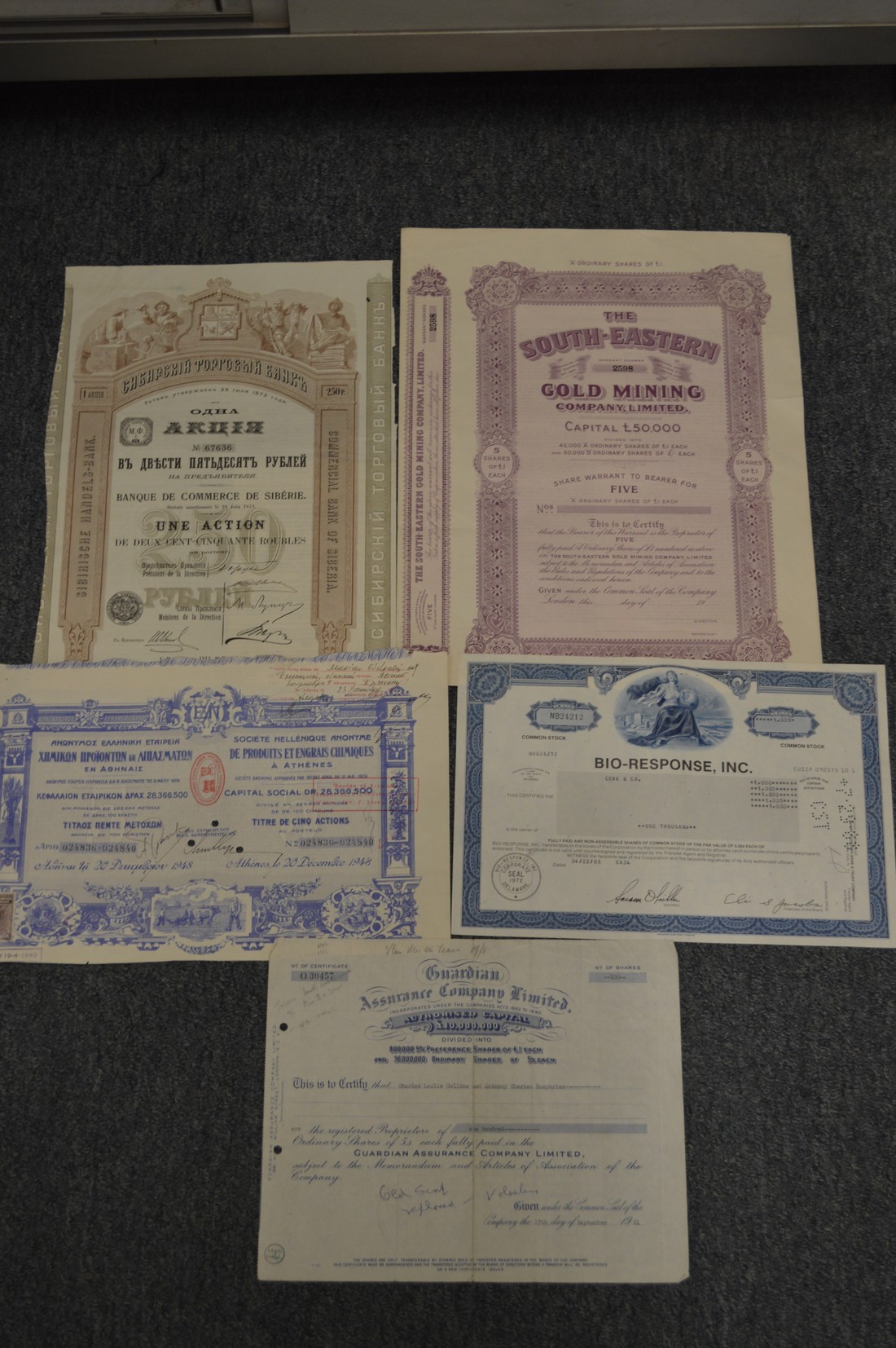 Various share certificates etc.