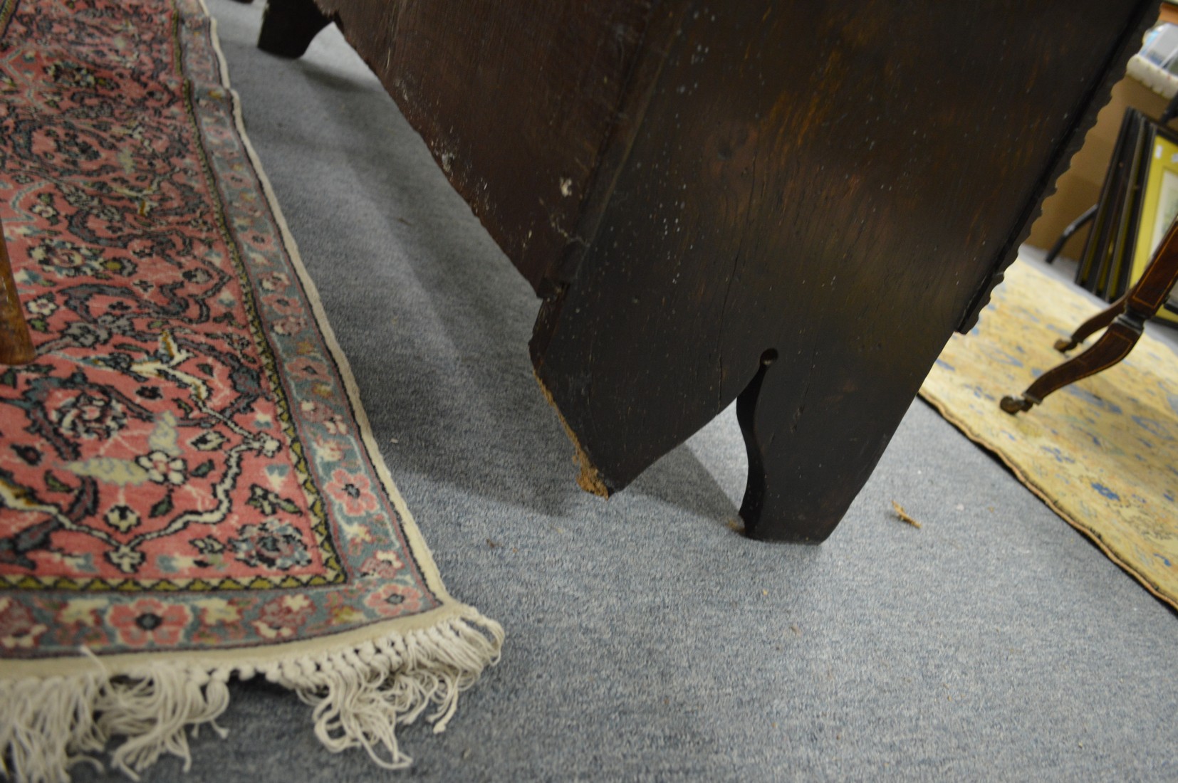 An 18th century oak six plank sword chest or coffer (one leg af). - Image 2 of 2