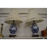 A pair of Chinese blue and white temple jar lamps.