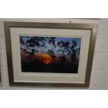 Sunset with trees, colour print.