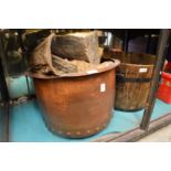 A copper log box and wooden jardiniere.