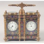 A BRASS AND CLOISONNE ENAMEL DOUBLE CLOCK/ BAROMETER. 5ins wide.