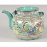 A CHINESE PAINTED YIXING TEAPOT AND COVER, decorated with various figures, the base with character