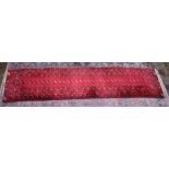 AN UNUSUAL BOKHARA RUNNER, red ground with a central single row of 32 gulls. 11'4" x 2'9"