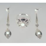 A PAIR OF SILVER, OPAL, DECO STYLE DROP EARRINGS AND RING.