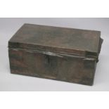 A 17TH CENTURY LEATHER COVERED TRAVELLING TRUNK, with plain brass studwork all over, the top and