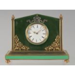 A GOOD RUSSIAN SILVER GILT AND JADE SMALL MANTLE OR DESK CLOCK. 14cm wide x 11cm high