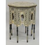 A LARGE MOORISH BONE AND MOTHER OF PEARL INLAID OCTAGONAL TABLE, with fine parquetry pattern