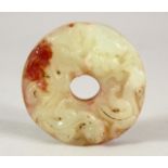 A CHINESE CARVED JADE BI / PENDANT - the pendant carved in the form of Bi, carved with chilong