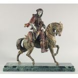 A LARGE 19TH CENTURY ORIENTALIST COLD PAINTED HORSE AND RIDER, mounted to a green marble base,