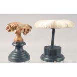 TWO MUSHROOM SPECIMENS on stands 4ins & 3ins high.