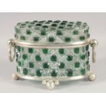 A GREEN CUT GLASS CASKET WITH PLATED MOUNTS. 10" wide