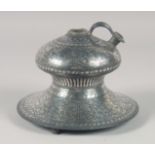 A VERY FINE 18TH-19TH CENTURY INDIAN SILVER INLAID BIDRI HUQQA BASE, 18.5cm diameter.