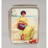 A SMALL MODERN SILVER PILL BOX, with enamel decoration of a girl seated on a bench. 3cm c 2.5cm