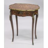 A 19TH CENTURY KINGWOOD AND MARQUETRY OCCASIONAL TABLE with ormolu mounts, the shaped top over a